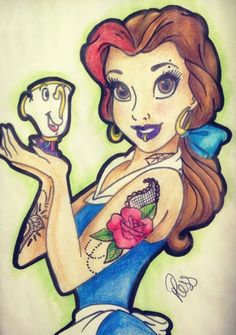 a drawing of a woman with tattoos holding a mirror in her hand and smiling at the camera