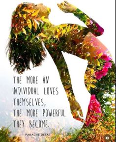 a woman is dancing in the grass with flowers around her and an inspirational quote above it