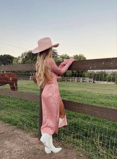 Country Western Dresses Party Wear, White Long Dress Formal Sparkle, Western Satin Dress, Pink Dress And Boots Outfit, Long Sleeve Dress Cowboy Boots, Sparkles Cowboy Boots, Pink Dress Country Concert, Pink Dress Cowboy Boots Outfit, Formal Dress With Cowboy Hat