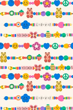 a colorful wallpaper with hearts, flowers and smiley faces on it's sides