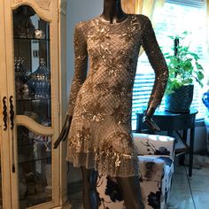 This Dress Was Worn A Couple Of Times And Is In Pristine Condition Almost Like New Length: 45 Bust: 30" Waist: 28" Fabric: 100% Nylon; Trim 100% Viscose; Lining 100% Polyester Clothing Size: Xs Color: Cream Gold. Size: Us2 Champagne Fitted A-line Dress, Fitted Champagne A-line Dress, Festive Fitted Embellished Dress, Festive Evening Fitted Dress, Festive Embellished Fitted Dresses, Embellished Fitted A-line Dress, Fitted Long Sleeve Festive Dress, Festive Long Sleeve Fitted Dresses, Fitted Champagne Mini Dress For Evening