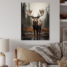 a large moose standing in the middle of a forest with antlers on it's head