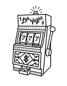 a black and white drawing of a slot machine with las vegas written on the front