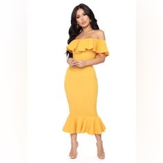 Never Worn Super Cute Mustard Dress Outfit, Yellow Dress Outfit, Mustard Fashion, Salsa Dress, Ruffle Midi Dress, Fashion Nova Dress, Dress Yellow, Curve Dresses, Yellow Dress