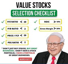 the value stocks selection checklist is shown in green and yellow, with an image of bernie