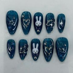 IG: skwengi.nails #miffy #nails #nailart #miffynailart #y2knails #nailart #naildesign #nailstagram Miffy Nails Aesthetic, Blue Miffy Nails, New Jeans Nails, Miffy Nails, Black And Blue Nails, Artsy Nails, Idol Nails, Hoco Nails, Kids Nail Designs