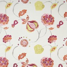 an orange and pink flower pattern on white fabric