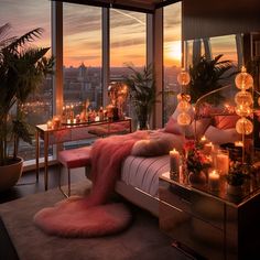 a bedroom decorated in pink and gold with candles on the bed, plants and other decorations