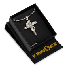 With the beauty of the rose and the symbolic meaning of the cross, the Thorned Cross necklace is a unique and vibrant piece perfect for both men and women. Crucifix Cross Necklace With Box Chain As Gift, Crucifix Necklace With Box Chain For Gift, Crucifix Box Chain Necklace As Gift, Crucifix Box Chain Necklace For Gift, Box Chain Crucifix Necklace For Gift, Elegant Crucifix Necklace With Box Chain, Mens Crosses, Rose Pendant, Clear Stone