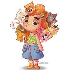 a drawing of a girl with many cats on her shoulders and hands behind her back