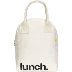 a lunch bag with the word lunch printed on it's front and side pocket