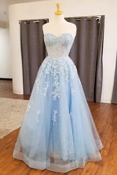 Light Blue Appliques Sweetheart A-Line Prom Dress Cute Prom Dresses Baby Blue, Light Blue Sparkle Wedding Dress, Baby Blue Long Prom Dress, Sky Blue Prom Dress Cinderella, Light Blue Fluffy Dress, Light Blue Puffy Prom Dress, Soft Blue Prom Dress, Blue Sweetheart Neckline Prom Dress, Light Blue Ball Dress