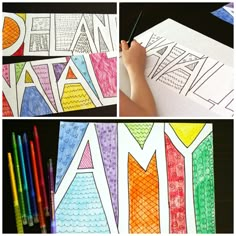 four different pictures showing how to draw letters with crayons and colored pencils