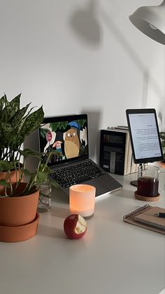 an open laptop computer sitting on top of a desk next to a potted plant