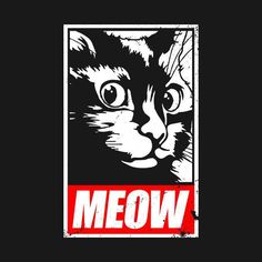 a black and white cat with the word meow on it