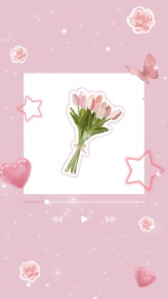 pink flowers and hearts are floating in the air on a pink background with white stars