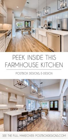 the inside and outside of a kitchen with white cabinets, wood floors and an open floor plan