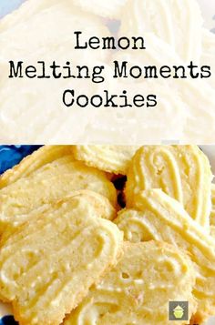 some cookies are sitting on a plate with the words melting moments cookies in front of them