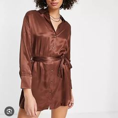 Never Worn - Bought From Asos Brown Satin Dress, Bershka Dresses, Satin Shirt Dress, Brown Satin, Social Media Trends, Shirt Dress Casual, Satin Shirt, Tie Dress, Satin Dresses