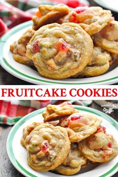 two plates filled with cookies on top of each other and the words fruitcake cookies above them