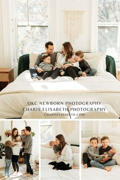 a family sitting on a bed together in their bedroom with the caption okc newborn photography charlotte elizabeth photography