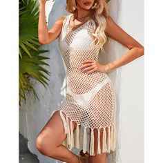 Apricot Tassel Knitted Hollw-out Sleeveless Beach Cover Knit Beach Dress, Smocked Skirt, Sleeveless Dresses Casual, Clothing Details, Loose Outfit, Pink Midi Dress, Maxi Dress Party, Chic Woman, Beach Dress