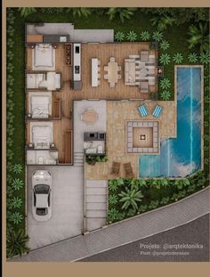 an aerial view of a house with a pool and car parked in the driveway next to it