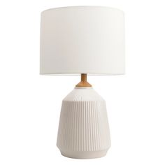 a white lamp with a wooden base and a white shade on the top of it