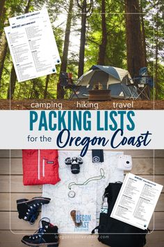 camping list for the oregon coast with text overlay that reads camping hiking travel packing lists for the oregon coast