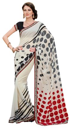 Imaginative White Color Georgette Printed #Saree Best Designer Sarees, Designer Sarees Collection, Indian Sarees Online, Exotic Fashion, Embellished Gown, Printed Saree, Saree Shopping, Chiffon Saree, Fancy Sarees