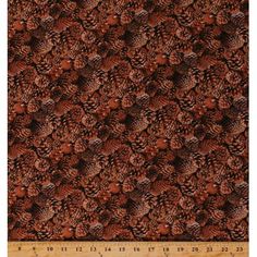 a brown background with pine cones on it, and a ruler in the foreground