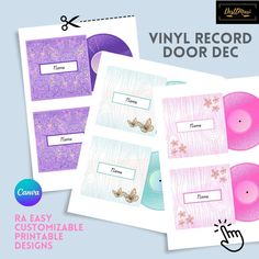 the vinyl record door decals are shown in three different colors and sizes, with one being