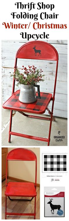 a red chair with a potted plant on top and the words thrift shop winter / christmas upcycle