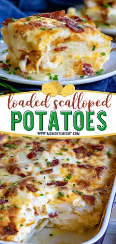 loaded baked potato casserole with bacon and cheese in a white dish on a wooden table