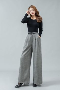 ★★ Welcome to my Ylistyle's shop！！！ This Long grey high waist wide leg wool pants can well show your elegant temperament and taste.  Our womens long loose wool pants,  suitable for various occasions, whether for everyday wear or formal events. ★★FEATURES 25% wool, other fiber,nylon Polyester lining Two Side pockets Front button and zipper closure Maxi wool pants Wide leg wool pants Daily pants Autumn winter wool pants Dry clean Belt not for sale ★★ The model's height approx 170 cm (5′ 7″) with the 84 cm (33") bust, 66 cm (26") waist. She is wearing the wool pants in size XS (US2) ★★ Please select custom order according to the follow situation Can't find your size Your height is over 175cm Your weight is over 75kg Request Length custom Request sleeve length ★★ Get your size in Size Chart wi Casual Full Length Wool Pants, Wide Leg Wool Dress Pants For Fall, Wide-leg Bottoms For Winter Formal, Formal Wide Leg Bottoms For Winter, High-waisted Wool Pants For Fall, Fall High-waisted Wool Pants, Wool Bottoms For Office In Winter, Winter Wool Bottoms For Office, Wool Wide Leg Pants For Business Casual