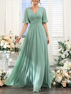 A-Line Bridesmaid Dress V Neck Short Sleeve Elegant Floor Length Chiffon with Split Front Evening Wear Dresses, Short Formal Dress, Dresses With Pockets, Chiffon Bridesmaid Dresses, Womens Prom Dresses, Plus Size Formal Dresses, Girls Formal Dresses, Formal Dresses Short, Grad Dresses