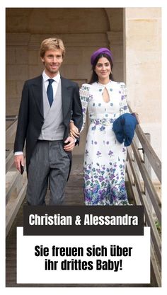 a man and woman walking down a wooden walkway together, with the caption'christian & alessandra sie freuen sich ober in drittes baby '