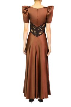 Brown Silk Satin Short Sleeve Dress With Black Lace Details – Rodarte Lace Dres, Satin Short Sleeve, Bias Cut Skirt, Satin Short, Lace Cutout, Brown Silk, Romantic Dress, Lace Dress Black, Silk Charmeuse