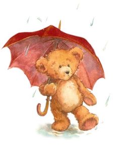 a teddy bear holding an umbrella in the rain