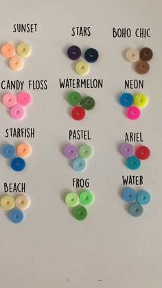 several different types of buttons on a white surface with words written below them that spell out the names of each button