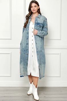 Long Oversized Denim Jacket Elevate your wardrobe with this must-have Distressed Raw Hem Pearl Detail Button Up Jacket. The distressed accents give off a cool and edgy vibe, while the pearl adornments add a touch of sophistication and femininity. The versatile button-up design allows for endless styling possibilities, and the raw hem adds a modern twist. Pair it with jeans and a tee for a laid-back, yet trendy look, or throw it over a dress for a more elevated ensemble. Make a bold statement and take your outfit to the next level with this unique and stylish long oversized denim jacket. Product Description Features: Distressed, Raw hem Stretch: Slightly stretchy Material composition: 90% cotton, 10% polyester Care instructions: Machine wash cold. Tumble dry low. Product measurements: S: bu Medium Wash Washed Button-up Denim Jacket, Oversized Collared Single-breasted Denim Jacket, Oversized Single-breasted Denim Outerwear, Cotton Denim Button-up Dress In Medium Wash, Pre-washed Cotton Denim Jacket In Denim Blue, Oversized Denim Jacket, Stretchy Material, Bosnia And Herzegovina, Brunei