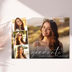 a graduation card with three photos and the words graduate on it, next to some feathers