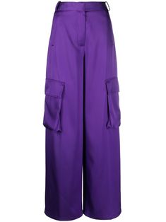 orchid purple high waist concealed front fastening belt loops two side cargo pockets rear zip-fastening pocket wide leg Versace Pants, Orchid Purple, Purple Pants, Versace Outfit, Pantalon Large, Viscose Fabric, Cargo Trousers, Roberto Cavalli, Wide Leg Trousers