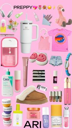 various items are arranged on a pink background