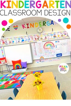 the classroom is decorated with rainbows and polka dot rugs for kids to use