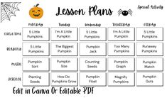 a printable lesson plan for halloween with pumpkins, spider web and jack - o - lantern