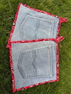 two pieces of denim sitting on top of green grass