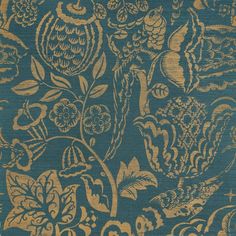 an ornate blue and gold wallpaper with birds, flowers, and leaves on it