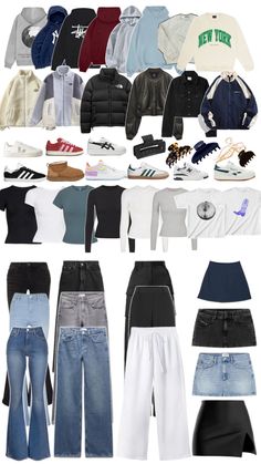 a collage of different types of clothes and shoes on display in front of a white background