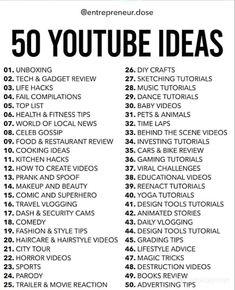 the 50 youtuber ideas list is shown in black and white